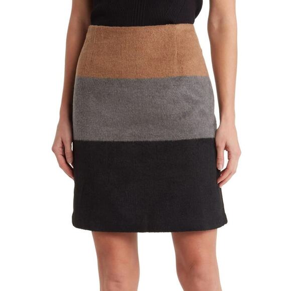 Amanda + Chelsea Skirt Wool Blend Brushed Colorblock Mini Camel Grey Black NWT S - Picture 1 of 9
